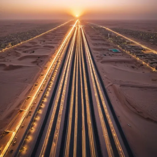 Prompt: The Line, the future linear smart city in Tabuk, Saudi Arabia. 
 overhead golden hour lighting, extra wide angle field of view, infinity vanishing point