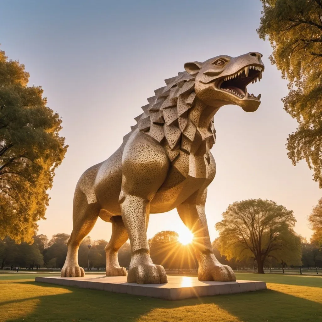 Prompt: giant strange animal statue, elegant park background, overhead golden hour lighting, extra wide angle field of view, infinity vanishing point