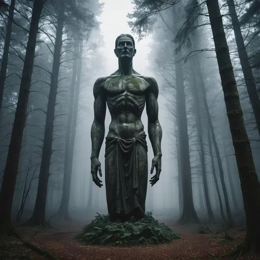 Prompt: giant eerie statue in a dark forest