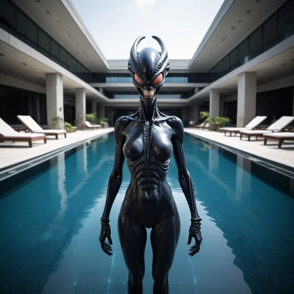 Prompt: giant xenomorph queen in a swimsuit, large wide infinity pool, wide angle view, infinity vanishing point