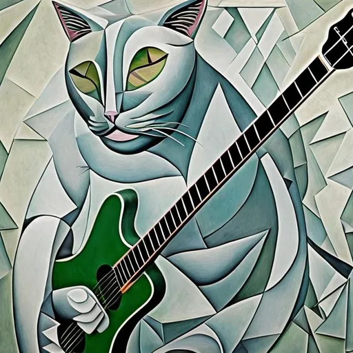 Prompt: ((((giant cat playing guitar) diamond statue inlaid with green chrome) in the style of Pablo Picasso) wide perspective view) infinity vanishing point