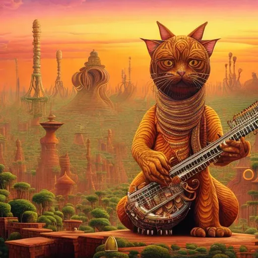 Prompt: panorama widescreen view of a giant cat playing a sitar, infinity vanishing point, in the style of Jacek Yerka