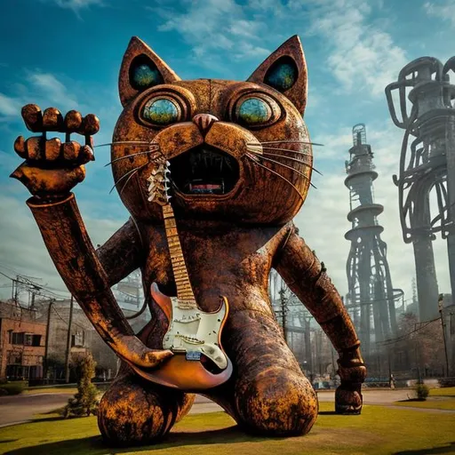 Prompt: giant rusty metal statue of a giant cat playing guitar, in the style of Jacek Yerka, widescreen view, infinity vanishing point