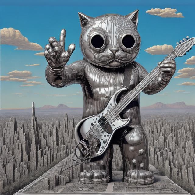 Prompt: giant acid etched chrome statue of a giant cat playing guitar, in the style of Jacek Yerka, wide perspective view, infinity vanishing point