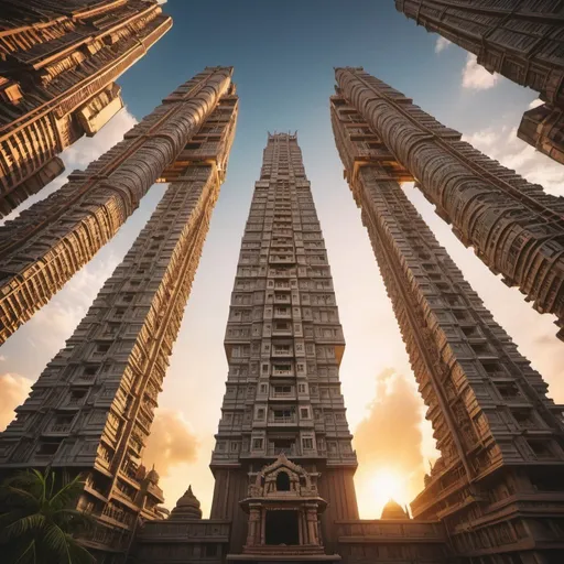 Prompt: future city of Gopuram style mega skyscrapers, overhead golden hour lighting, extra wide angle view, infinity vanishing point