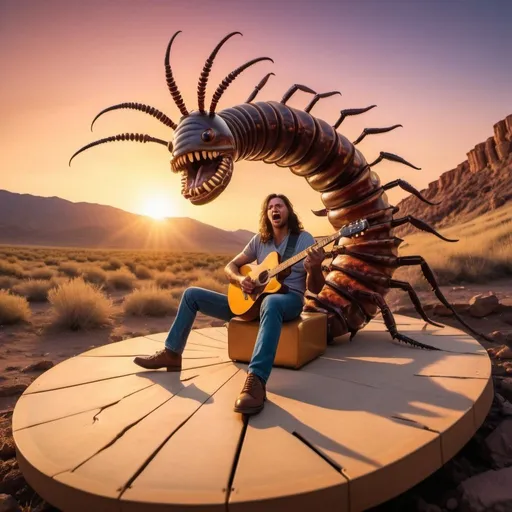 Prompt: giant centipede playing guitar, colorful apocalypse background, golden hour overhead lighting, extra wide angle view, infinity vanishing point