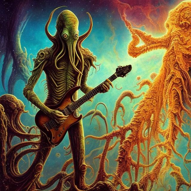 Prompt: anorexic Cthulhu playing guitar in a golden arena, infinity vanishing point, Pillars of Creation nebula background