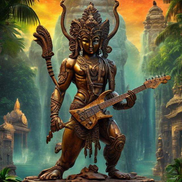 Prompt: widescreen image of an ancient patina bronze bodybuilding vishnu playing guitars at an exotic temple, tropical jungle background, galaxy sky, infinity vanishing point