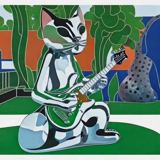 Prompt: ((((giant cat playing guitar) chrome statue inlaid with emeralds) in the style of Matisse) wide perspective view) infinity vanishing point