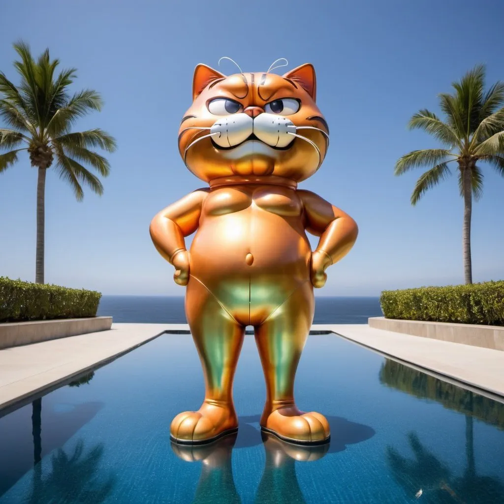 Prompt: giant garfield the cat in a swimsuit metallic statue, large wide ocean infinity pool, wide angle view, 25 degree offset, infinity vanishing point