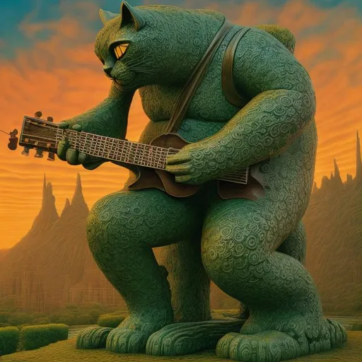 Prompt: giant green bronze statue of a giant cat playing guitar, in the style of Jacek Yerka, widescreen view, infinity vanishing point