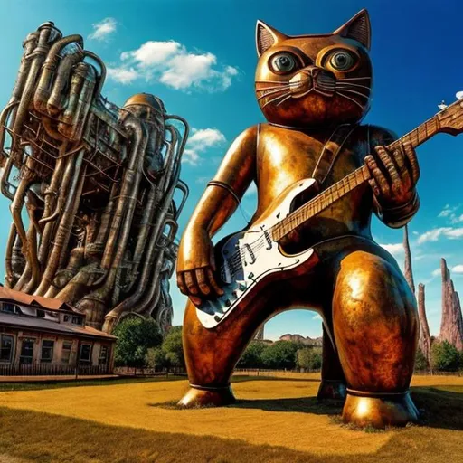 Prompt: giant rusty brass statue of a giant cat playing guitar, in the style of Jacek Yerka, widescreen view, infinity vanishing point