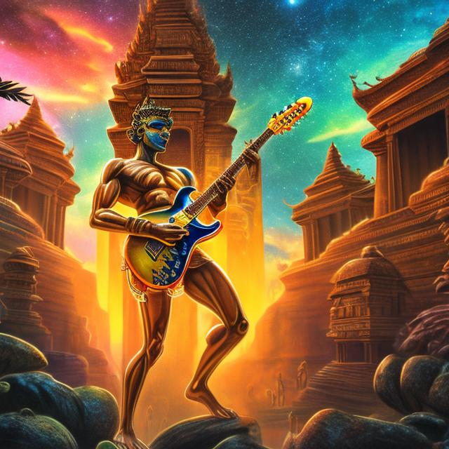 Prompt: wide view of a clear amber bodybuilding vishnu playing guitar at an exotic temple, tropical jungle background, galaxy sky, infinity vanishing point