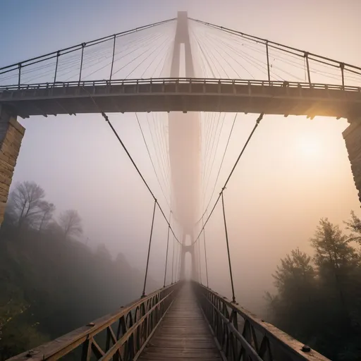 Prompt: underneath distant foggy view of abandoned giant suspension bridge to space, golden hour overhead lighting, extra wide angle view, infinity vanishing point