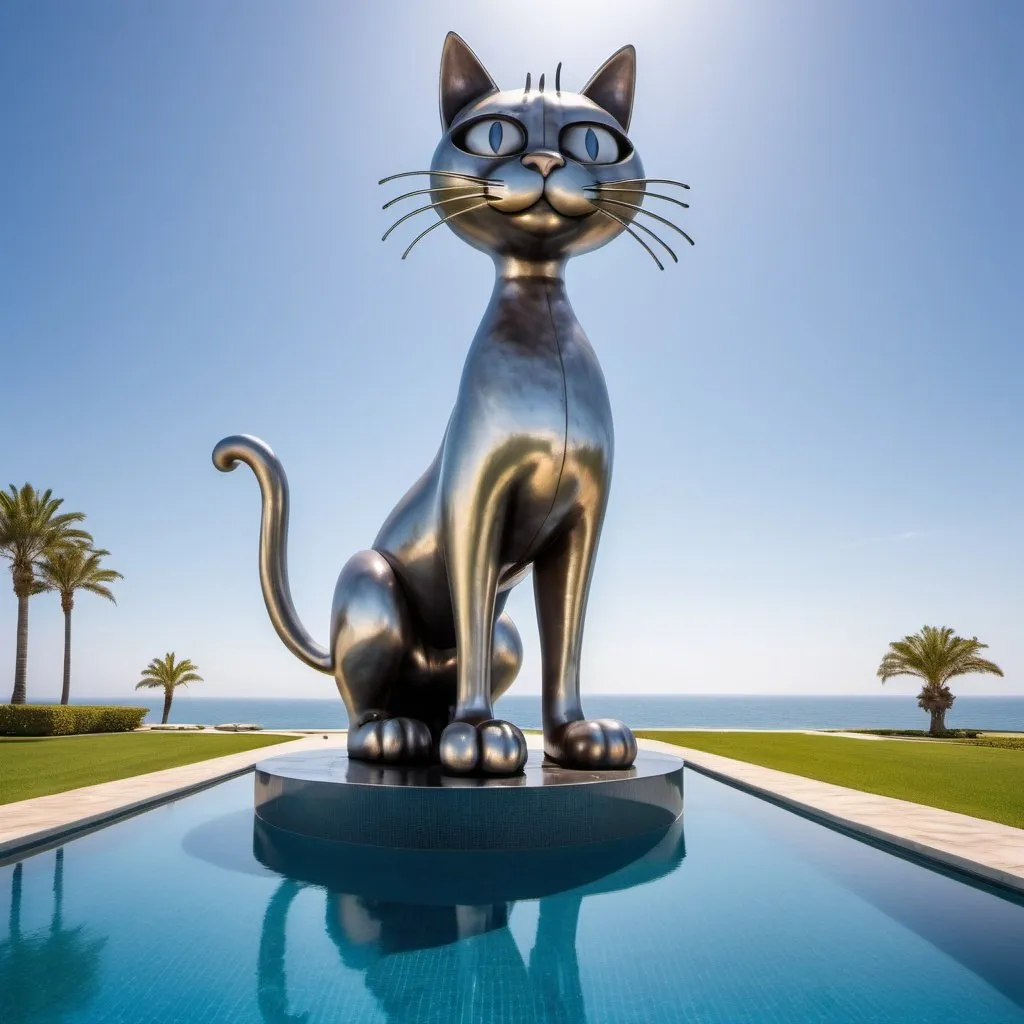 Prompt: giant metallic statue of Bill the cat from Bloom County, in a swimsuit, large wide ocean infinity pool, wide angle view, 25 degree offset, infinity vanishing point