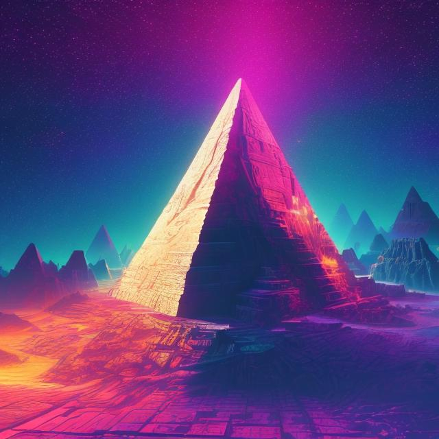 Prompt: wide view, crystal pyramid, overhead lighting, infinity vanishing point, neon nebula background