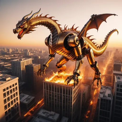 Prompt: ROBOT FIRE DRAGON DIVING ON INFERIOR OBSOLETE HUMAN CITIES, overhead golden hour lighting, extra wide angle field of view, infinity vanishing point
