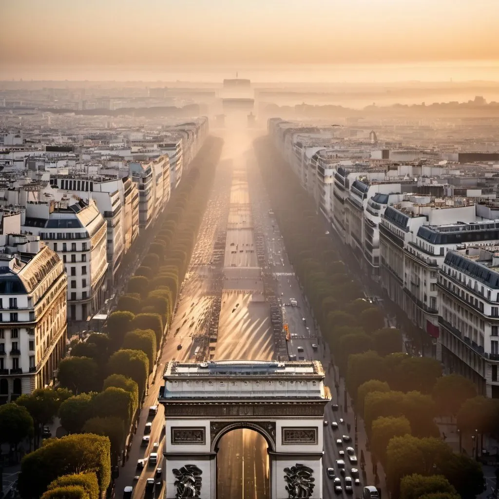 Prompt: Ten Mile height mega Arc de Triomphe, overhead golden hour lighting, foggy wide angle view, infinity vanishing point