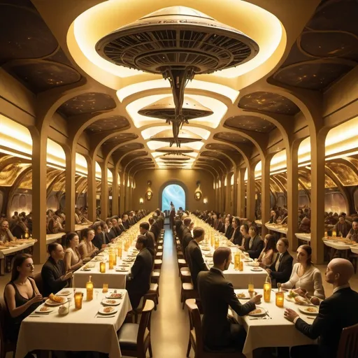 Prompt: giant exotic dining hall occupied with aliens, food and drinks, overhead golden lighting, wide angle view, infinity vanishing point
