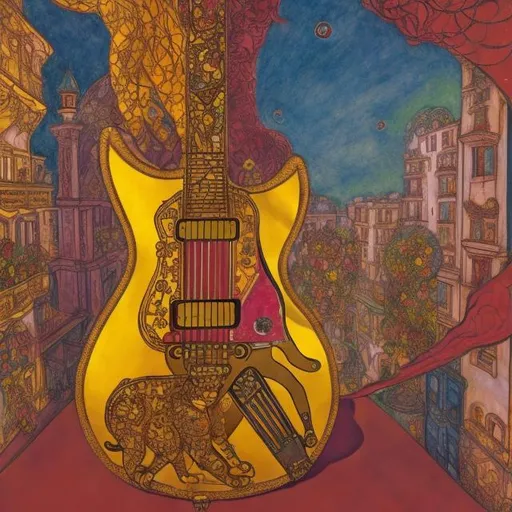 Prompt: ((((giant cat playing guitar) gold statue inlaid with rubies) in the style of Chagall) wide perspective view) infinity vanishing point