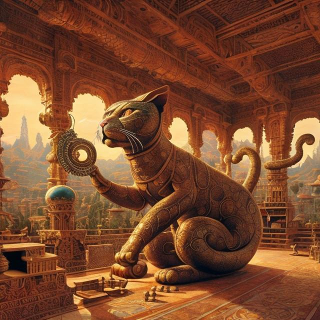 Prompt: panorama widescreen view of a giant bronze cat playing a sitar, infinity vanishing point, in the style of Jacek Yerka