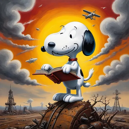 Prompt: Snoopy Saves The World, post-nuclear-age-apocalyptic-science-fiction, bizarre-surreal oil painting style, book cover