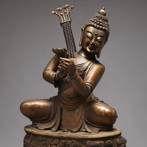 Prompt: widescreen image of an ancient patina bronze bodybuilding buddha playing guitar