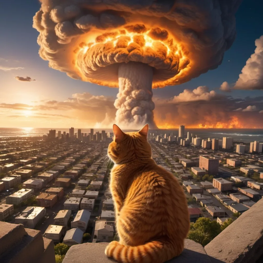 Prompt: Garfield the cat at the end of the world. Distant nuclear mushroom cloud flashes. Many falling meteors. Many tornados. Giant tsunami tidal waves. Giant city fire. Golden hour overhead lighting, extra wide angle view, infinity vanishing point.