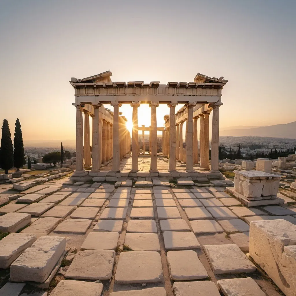 Prompt: Erechtheion, overhead golden hour lighting, extra wide angle field of view, infinity vanishing point