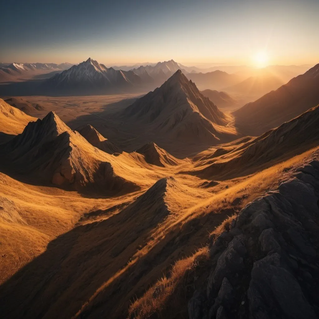 Prompt: strange mountains, overhead golden hour lighting, extra wide angle field of view, infinity vanishing point