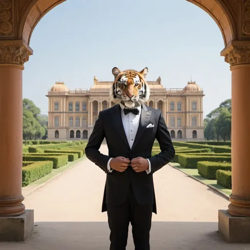 Prompt: tiger in a tuxedo, a palace in the background, wide point of view, infinity vanishing point