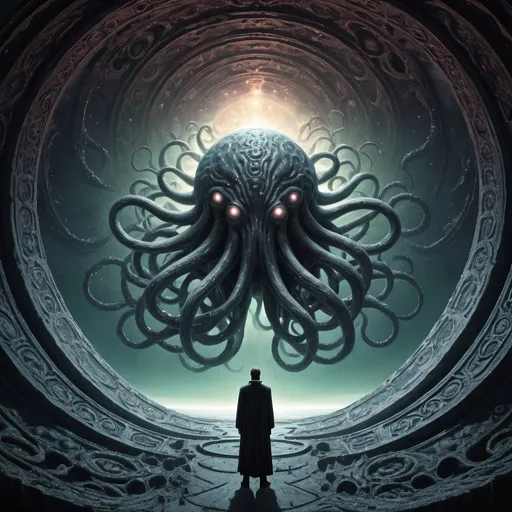 Prompt: giant Yog-Sothoth, overhead lighting, wide angle view, surreal background proportions, infinity vanishing point