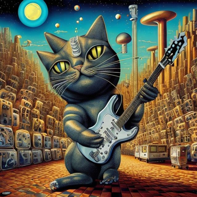 Prompt: giant chrome cat playing a guitar, widescreen view, infinity vanishing point, in the style of Jacek Yerka