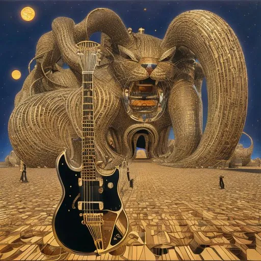 Prompt: ((((giant cat playing guitar) gold statue inlaid with diamonds) in the style of Jacek Yerka) infinity vanishing point) wide perspective view