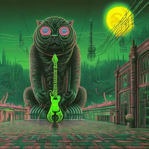 Prompt: giant iron statue inlaid with neon green, of a giant cat playing guitar, in the style of Jacek Yerka, wide perspective view, infinity vanishing point