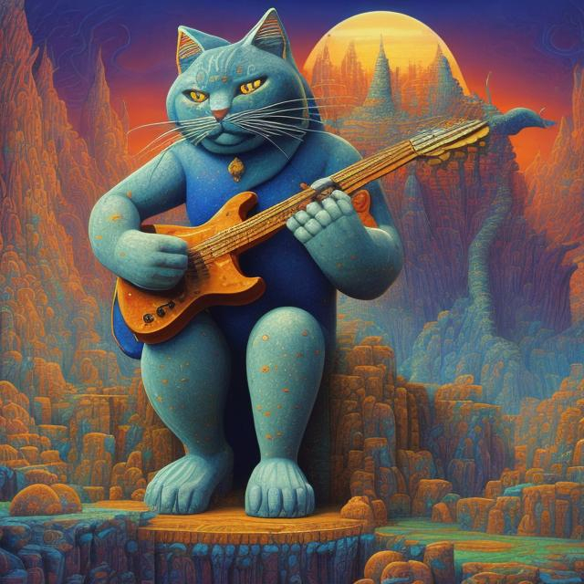 Prompt: Lapis lazuli statue of giant cat playing a guitar, widescreen view, infinity vanishing point, in the style of Jacek Yerka