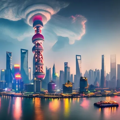 Prompt: shanghai skyline, nuclear blast cloud background