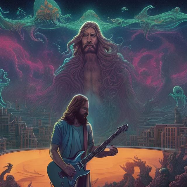 Prompt: wide view of jesus playing guitar and the twelve apostles playing guitars, at an exotic rooftop infinity pool, infinity vanishing point, cthulhu nebula background