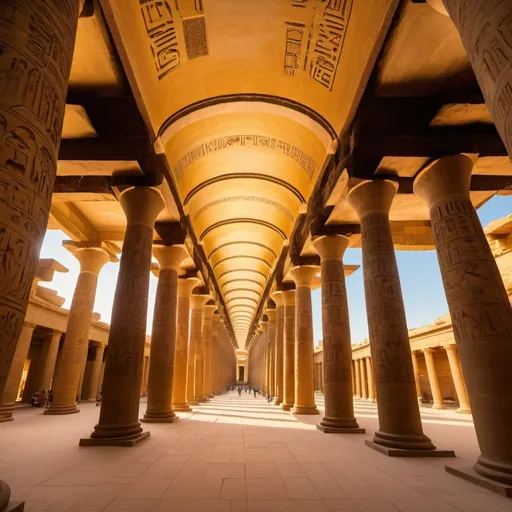 Prompt: Repainted Great Hypostyle Hall, overhead golden hour lighting, extra wide angle field of view, infinity vanishing point