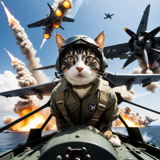 Prompt: Kamikaze Cat pilot, flying in a Yokosuka MXY-7 Ohka, surrounded by black flak explosions, wide angle perspective, surreal aircraft carrier background, infinity vanishing point