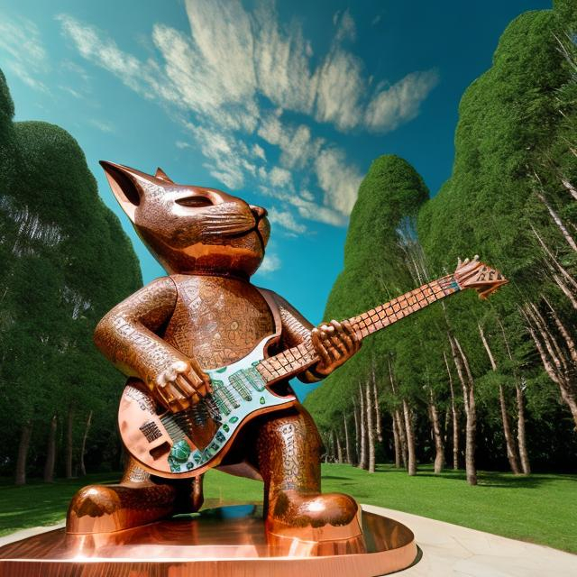 Prompt: ((((giant cat playing guitar) copper statue inlaid with emeralds) in the style of Jacek Yerka) wide perspective view) infinity vanishing point