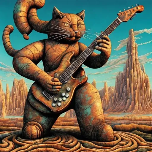 Prompt: giant rusty marble statue of a giant cat playing guitar, in the style of Jacek Yerka, widescreen view, infinity vanishing point
