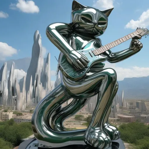 Prompt: ((((giant cat playing guitar) chrome statue inlaid with emeralds) in the style of Michelangelo) infinity vanishing point) wide perspective view