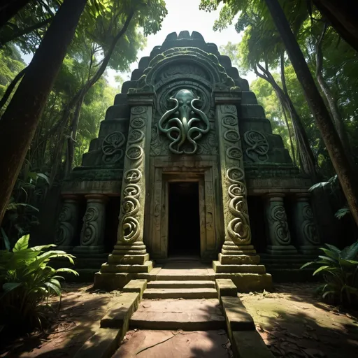 Prompt: in the jungle, an ancient bas relief covered temple of cthulhu, overhead lighting shadows, wide angle view, infinity vanishing point