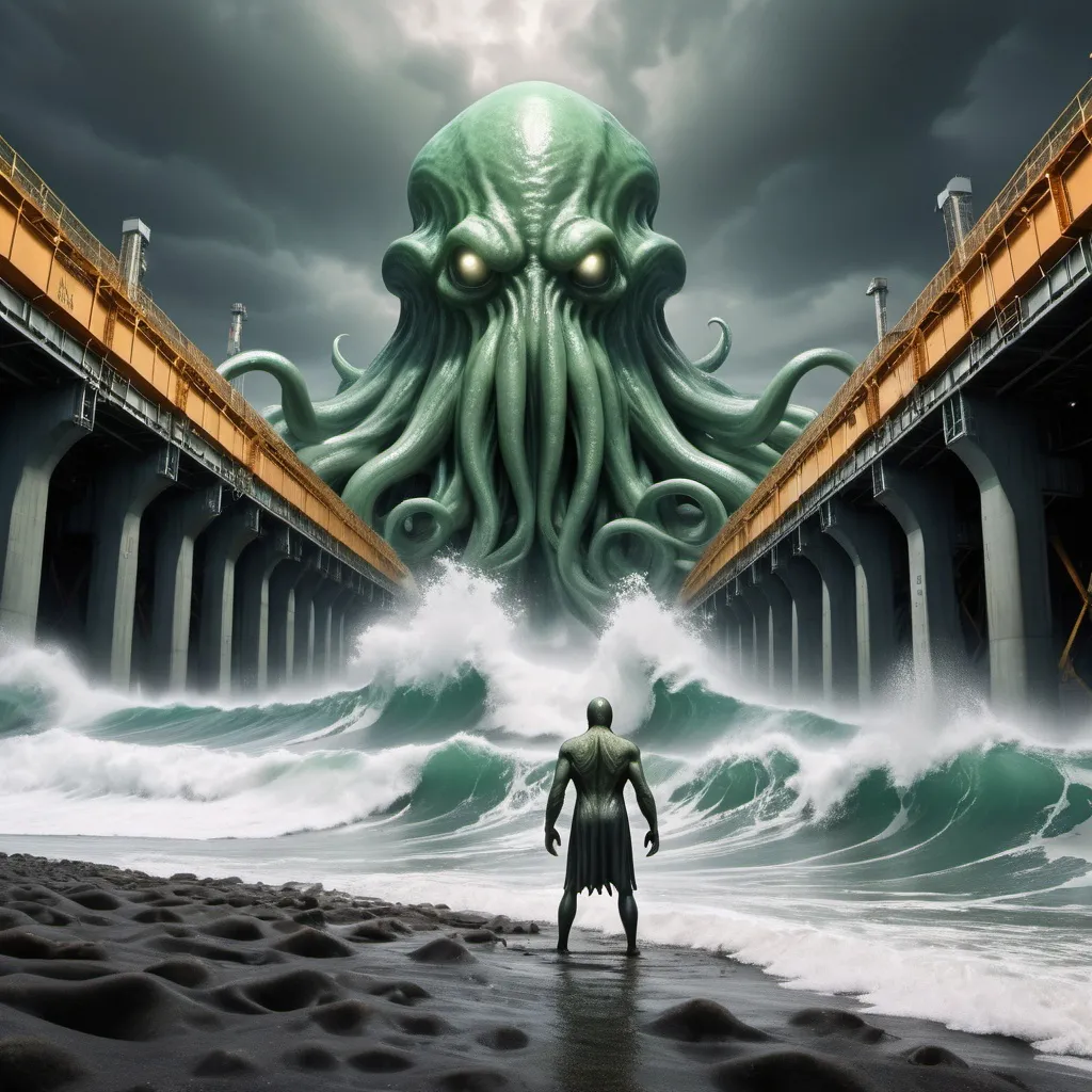 Prompt: cthulu surfing the largest giant tsunami wave, LNG storage platform in foreground for scale, overhead lighting, wide angle view, infinity vanishing point