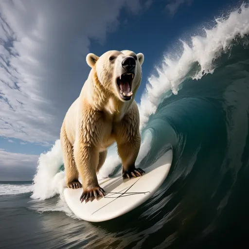 Prompt: polar bear surfing the crest of a wave, overhead lighting, wide angle view, infinity vanishing point