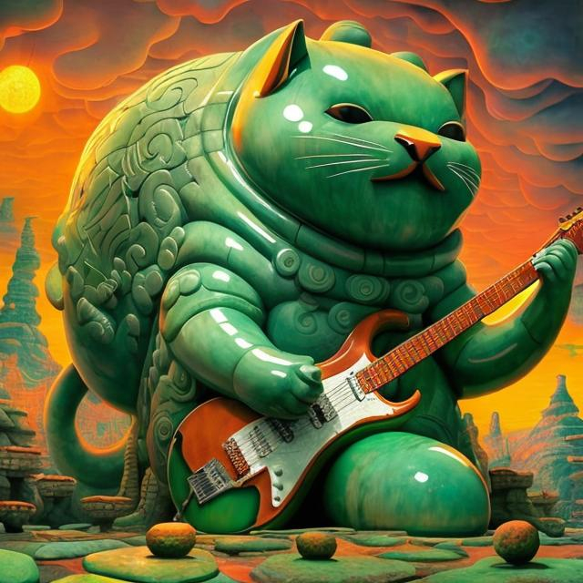 Prompt: giant jade statue of a giant cat playing guitar, in the style of Jacek Yerka, widescreen view, infinity vanishing point