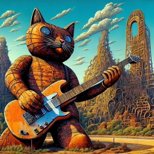 Prompt: giant rusty statue of a giant cat playing guitar, in the style of Jacek Yerka, widescreen view, infinity vanishing point