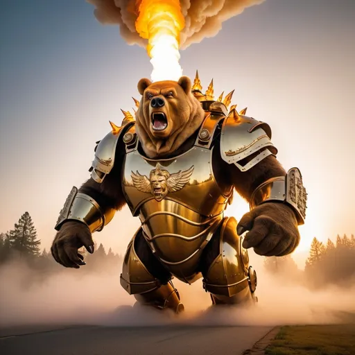 Prompt: Trump riding the biggest giant firebreathing armored war-bear in the world, overhead golden hour lighting, foggy wide angle view, infinity vanishing point