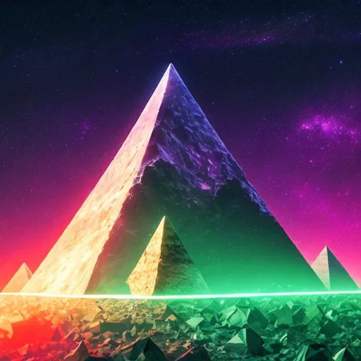 Prompt: wide view cropped image, ground point of view, giant crystal pyramid, overhead lighting, infinity vanishing point, neon green nebula background